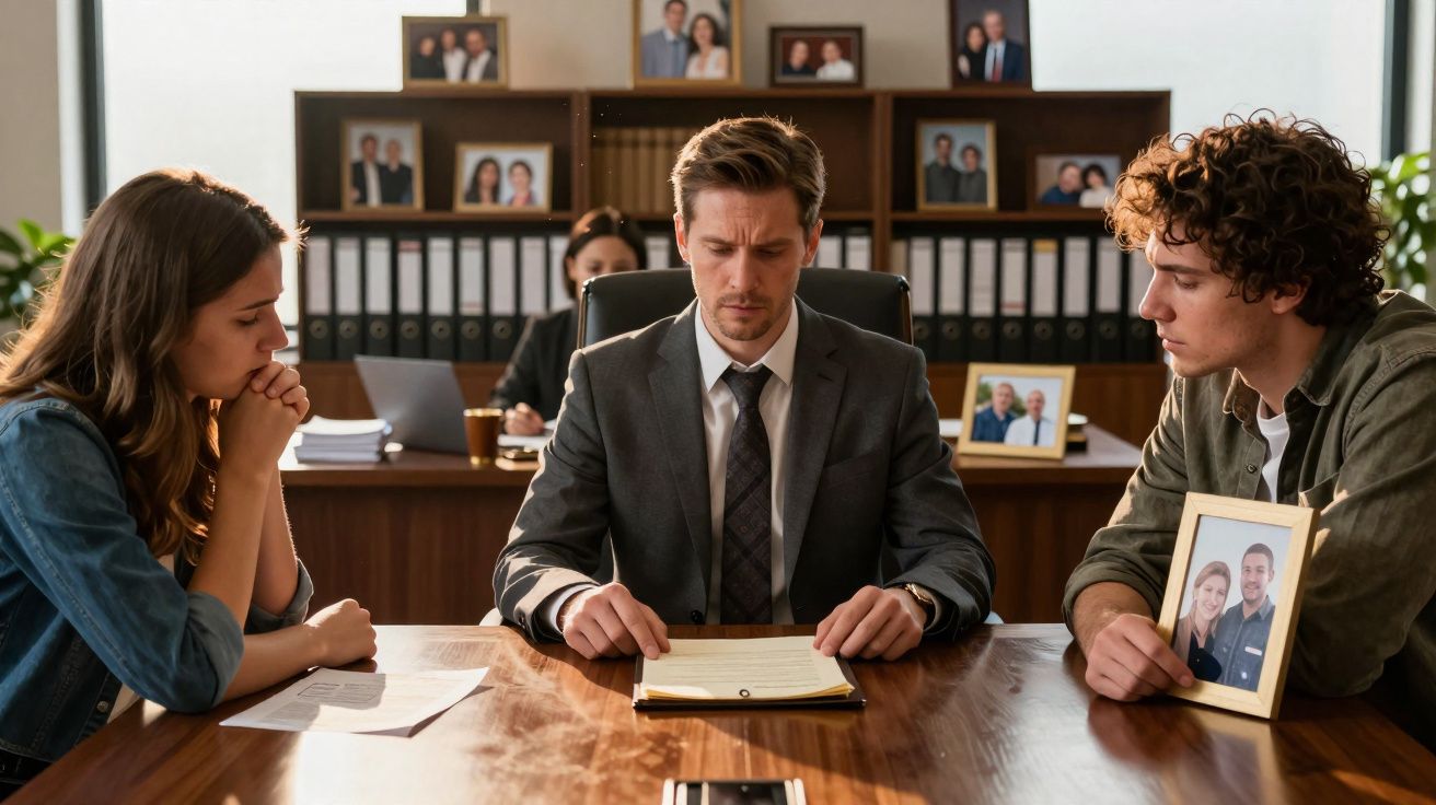 Casal e advogado numa reunião, homem segura fotografia de casal, ambiente de escritório formal.