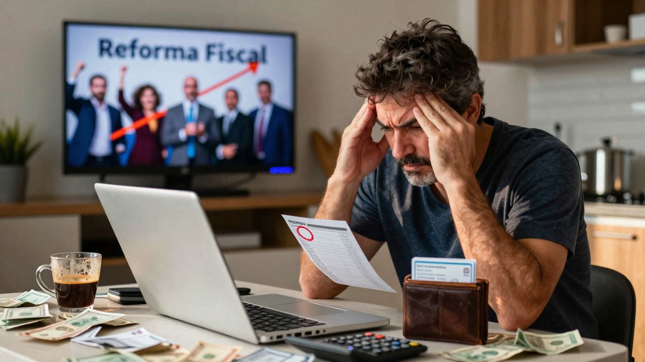 Homem preocupado a ler fatura com computador, dinheiro e TV sobre reforma fiscal ao fundo.