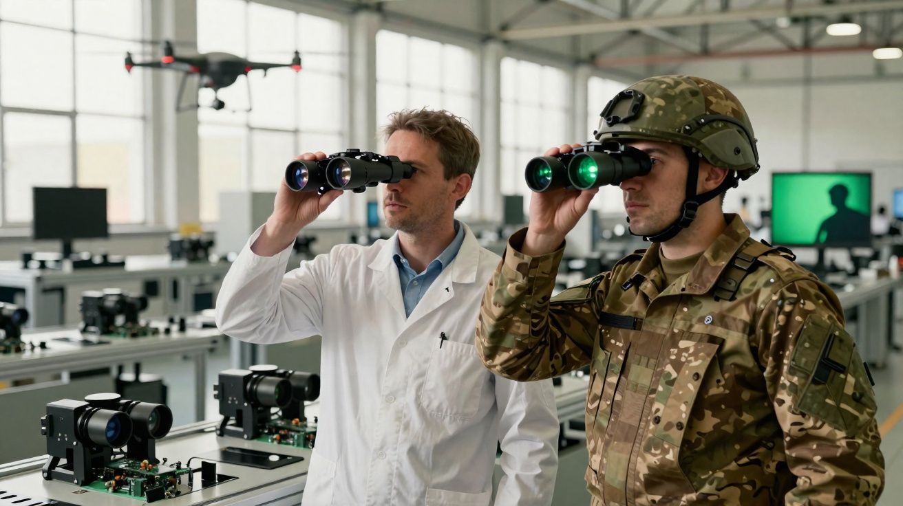 Homem de bata branca e soldado com binóculos em laboratório de equipamento ótico.