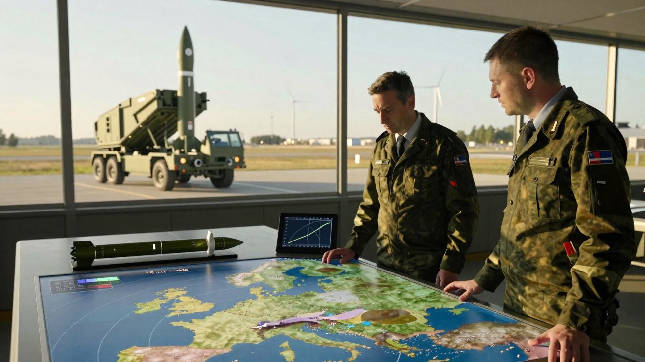 Dois militares em uniforme observam um mapa digital de estratégia com um míssil sobre a mesa e um lançador de mísseis ao fund