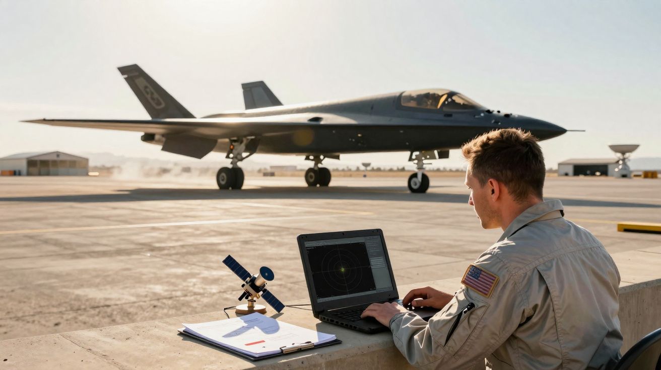 Homem em uniforme militar usa portátil num aeródromo com avião furtivo preto estacionado ao fundo.