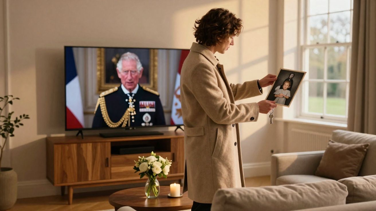 Homem de casaco bege segura fotografia num quarto com TV a mostrar príncipe em uniforme militar.