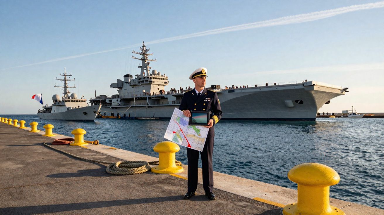 Militar em uniforme naval com mapa e tablet em cais, com porta-aviões ao fundo no mar calmo.