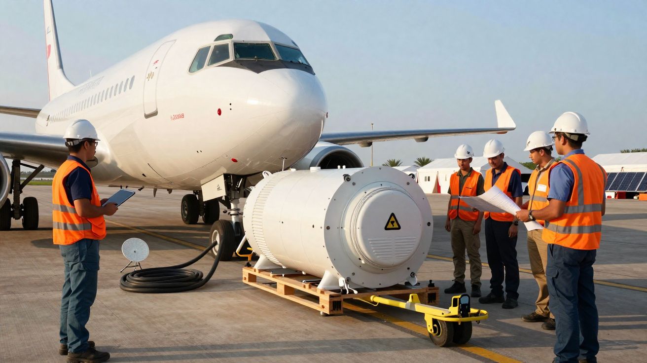 Técnicos em coletes refletores e capacetes verificam equipamento junto a avião num aeroporto.