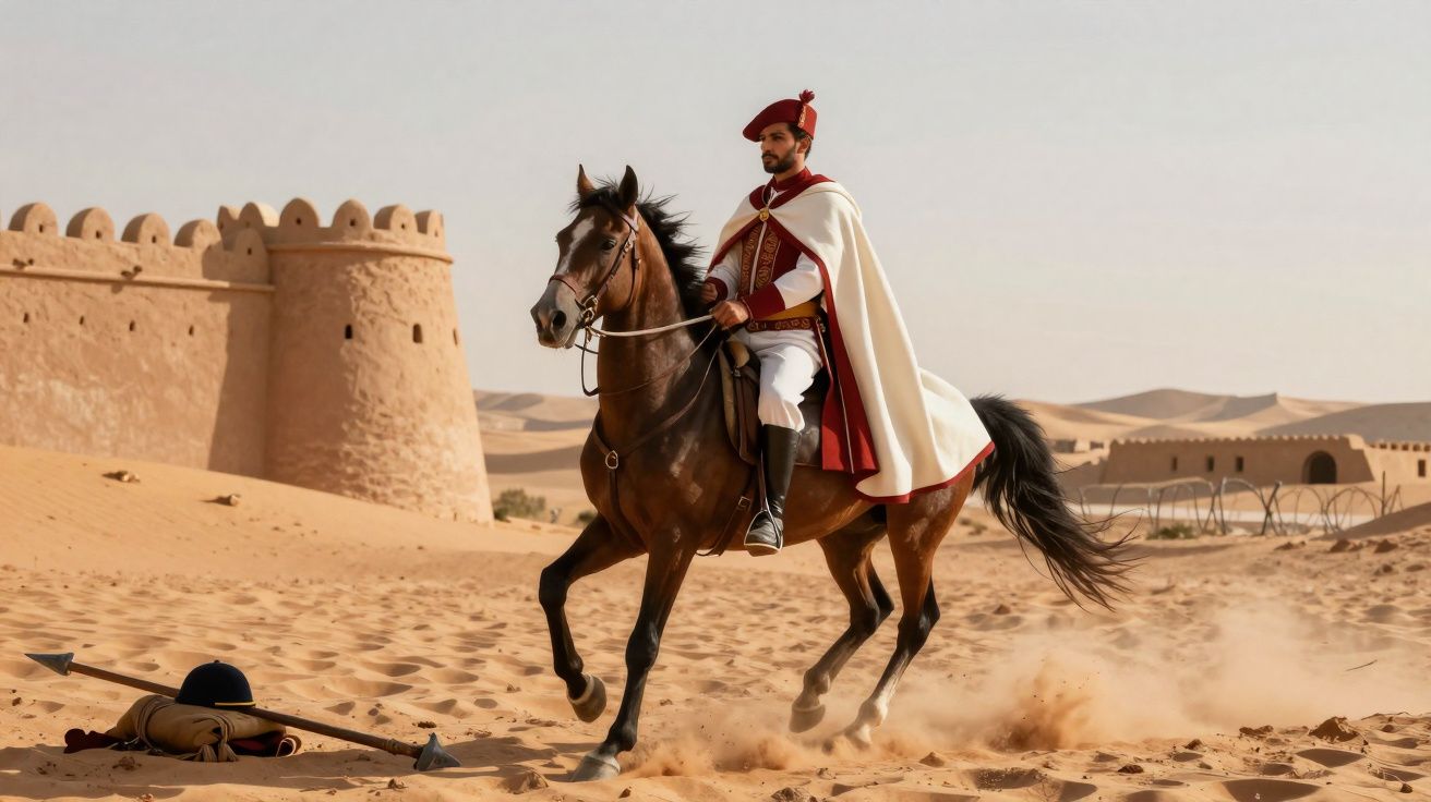Homem armado com roupa tradicional montado a cavalo no deserto perto de uma fortaleza de areia.