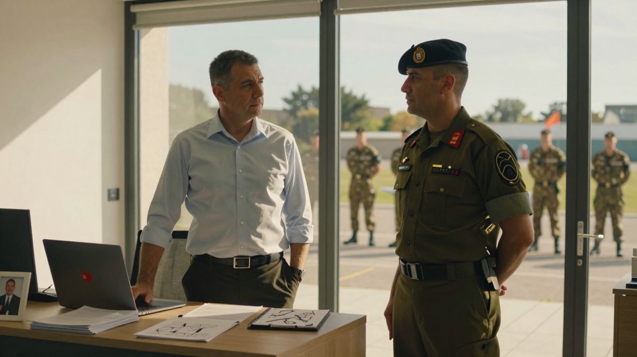 Homem em camisa branca conversa com militar fardado dentro de escritório com soldados ao fundo.
