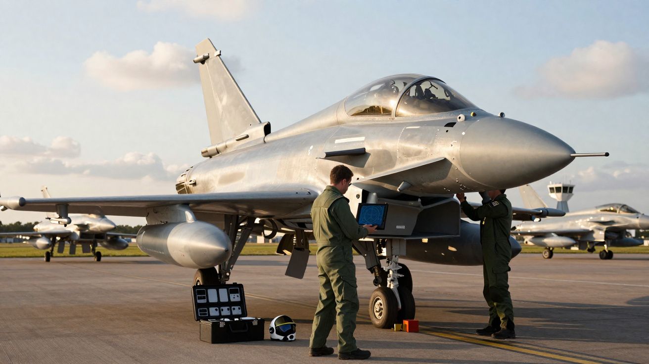 Avião militar estacionado com dois técnicos em uniforme verde a inspecioná-lo numa pista de aeroporto.