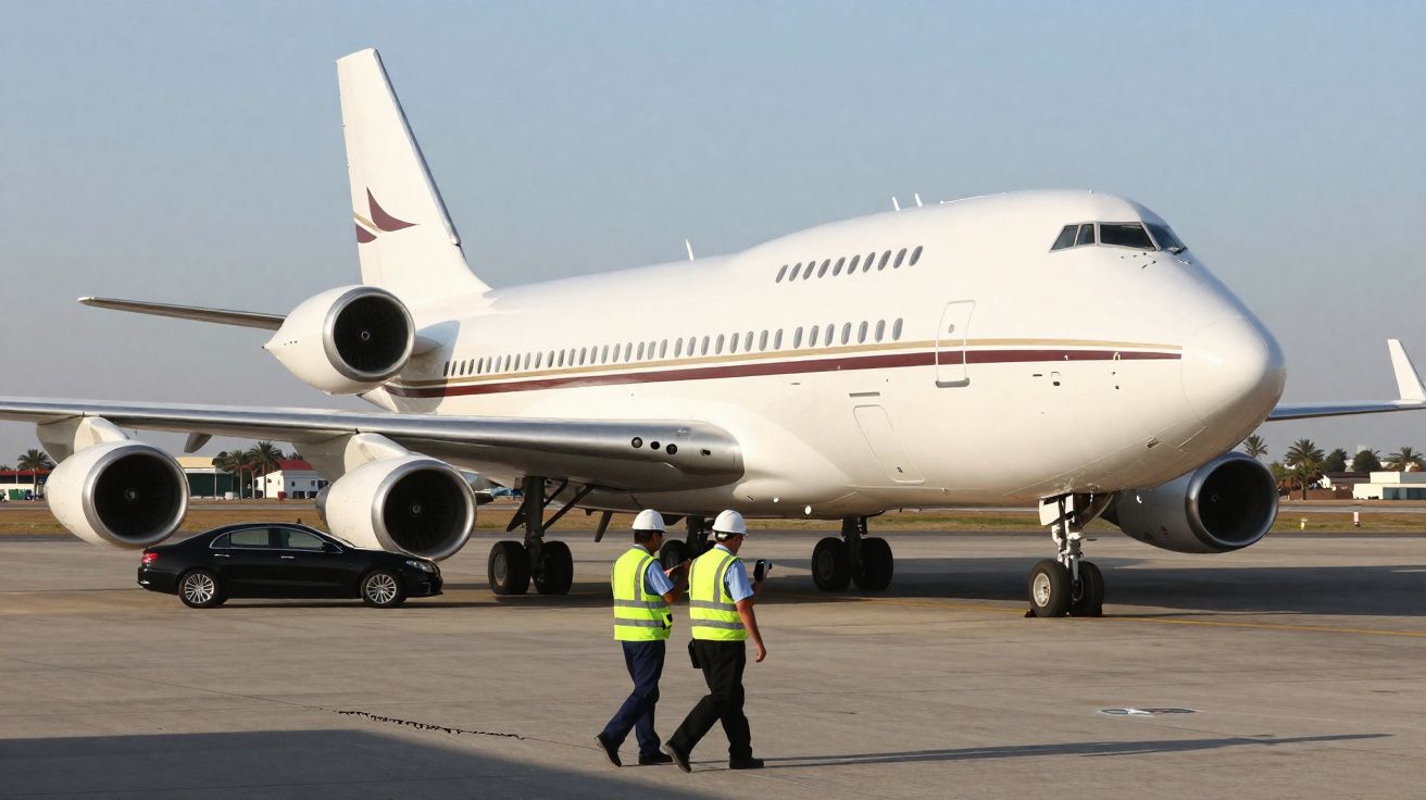 Avião grande branco estacionado no aeroporto com dois trabalhadores de colete amarelo a caminhar em primeiro plano.