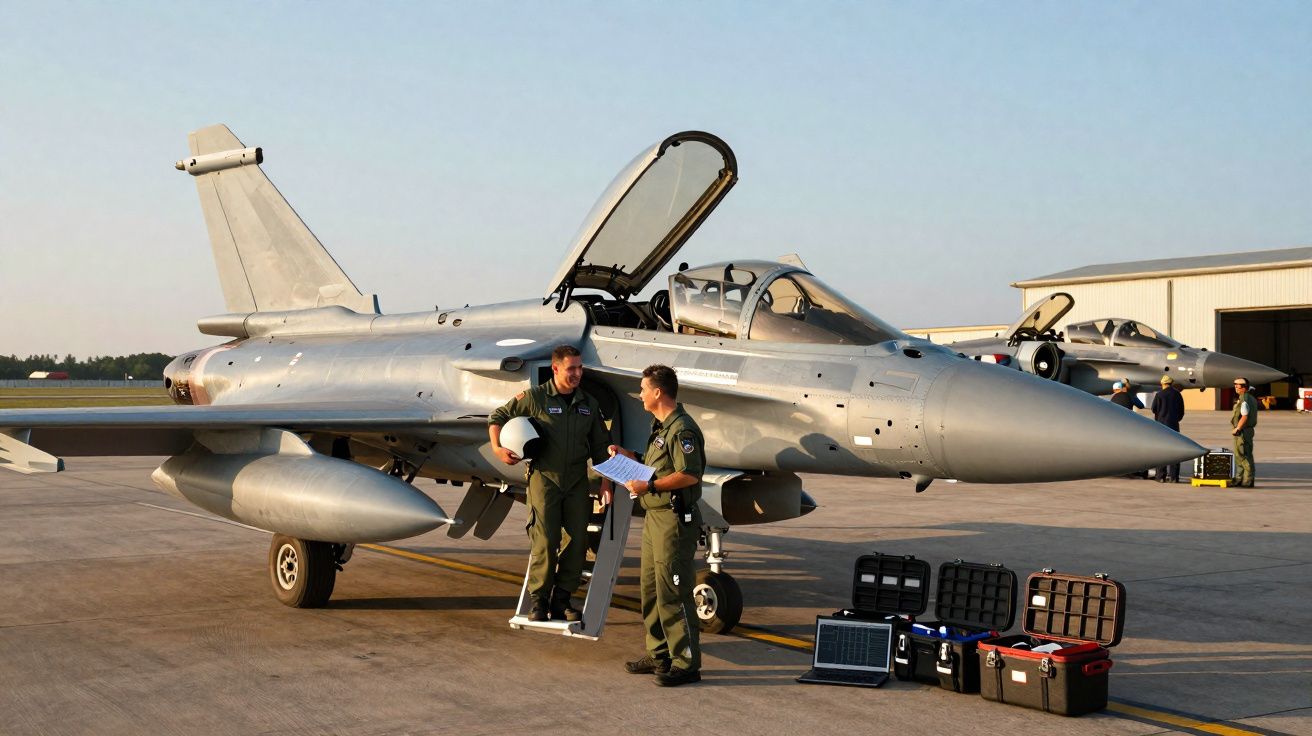 Dois pilotos em uniforme verde junto a um caça militar estacionado em pista com equipamento ao lado, sob céu limpo.