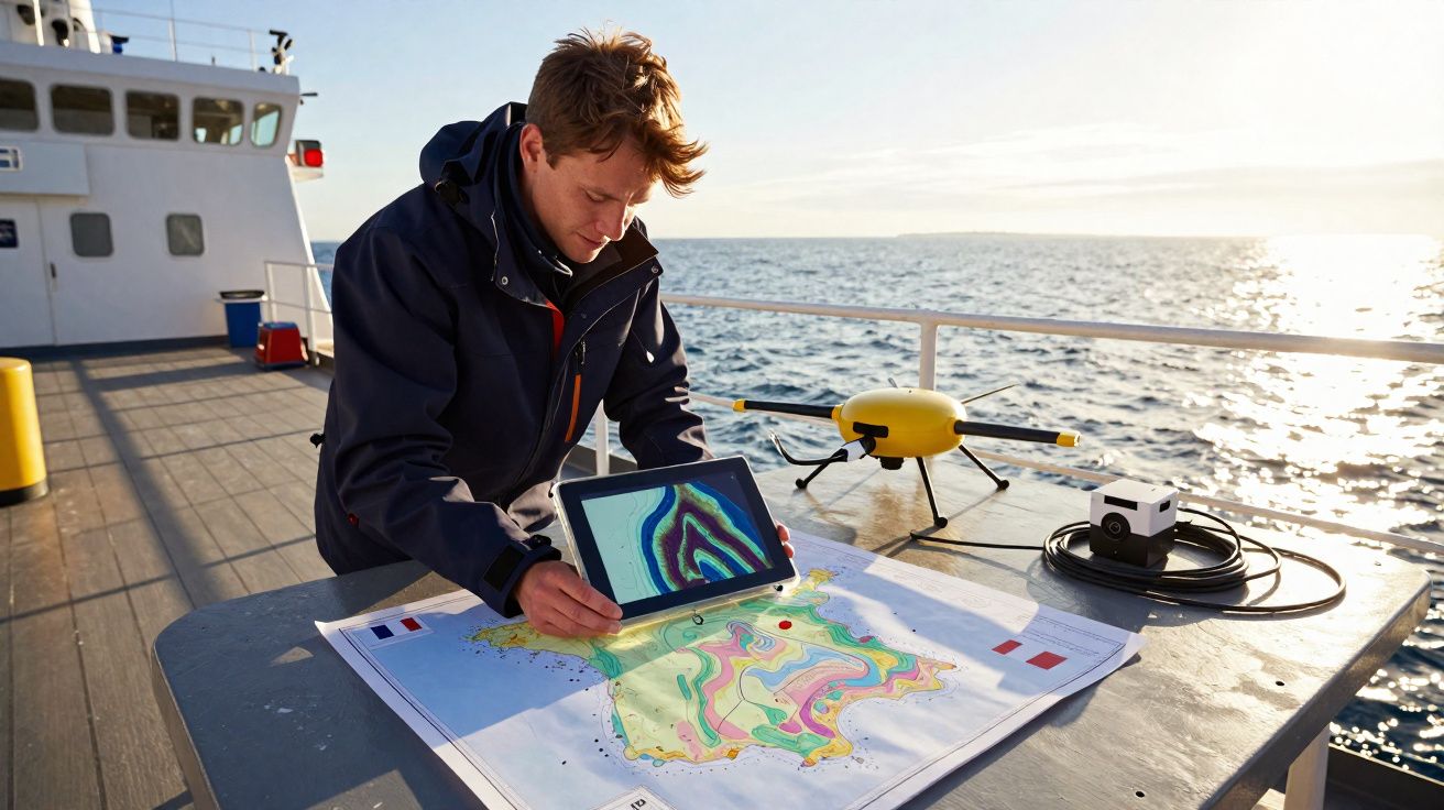Homem a analisar mapa topográfico num tablet a bordo de um barco ao pôr do sol.