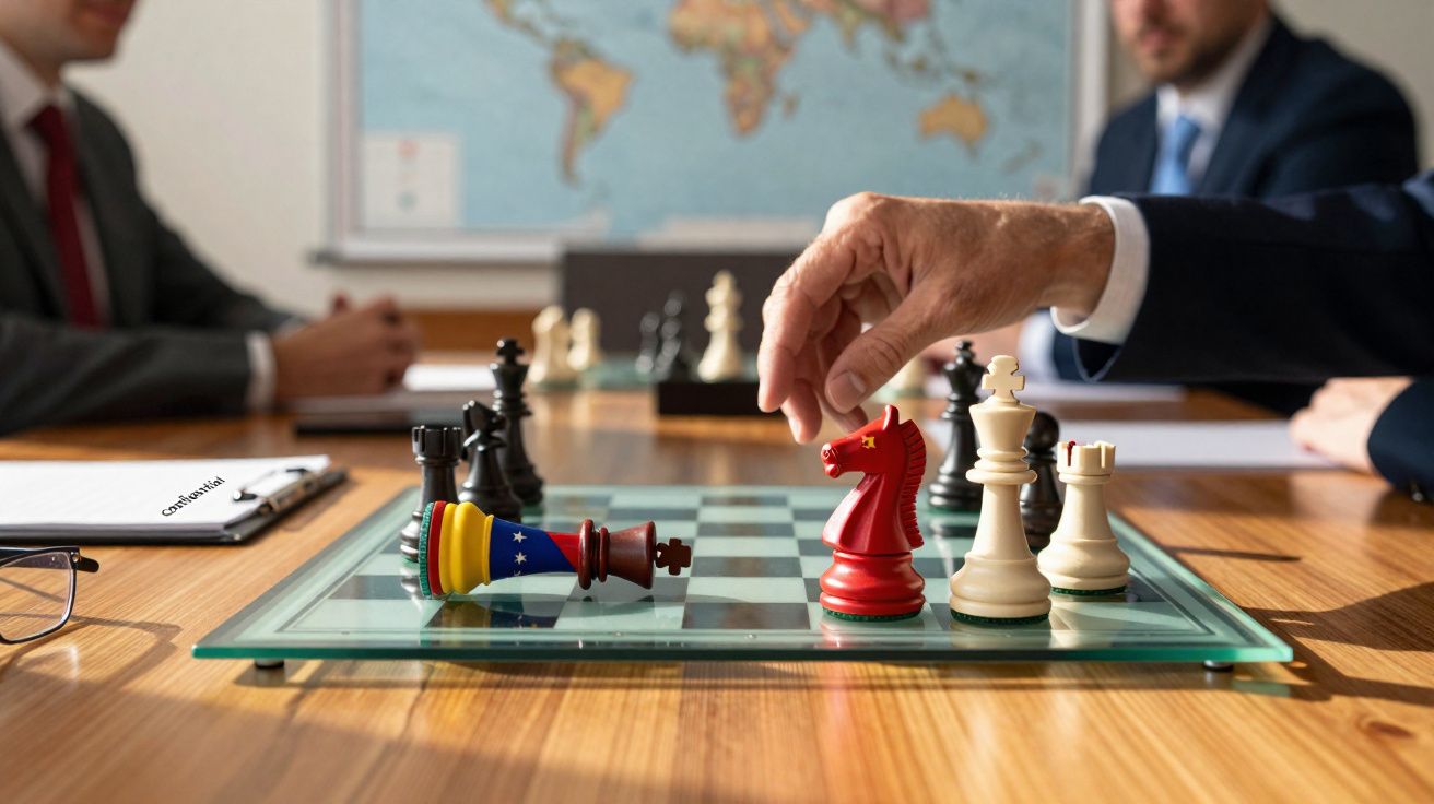 Jogo de xadrez simbólico com peças representando países e mão movendo cavalo vermelho numa mesa de reunião.