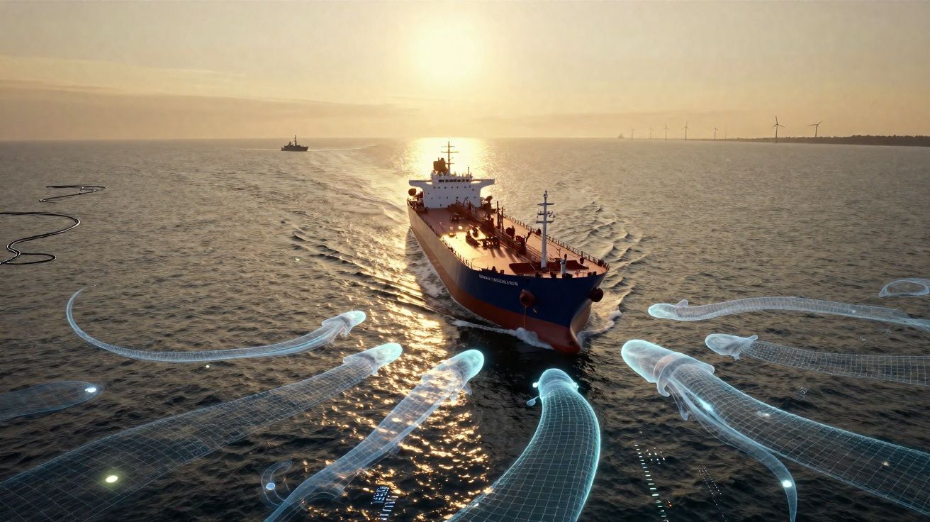 Navio de carga ao pôr do sol no mar com ilustrações digitais de organismos marinhos transparentes ao redor.