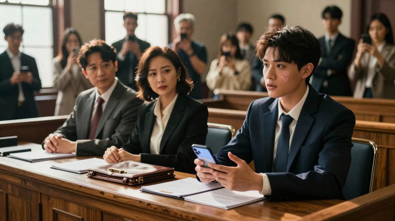 Três pessoas em fato sentadas numa bancada de tribunal, com espectadores ao fundo.