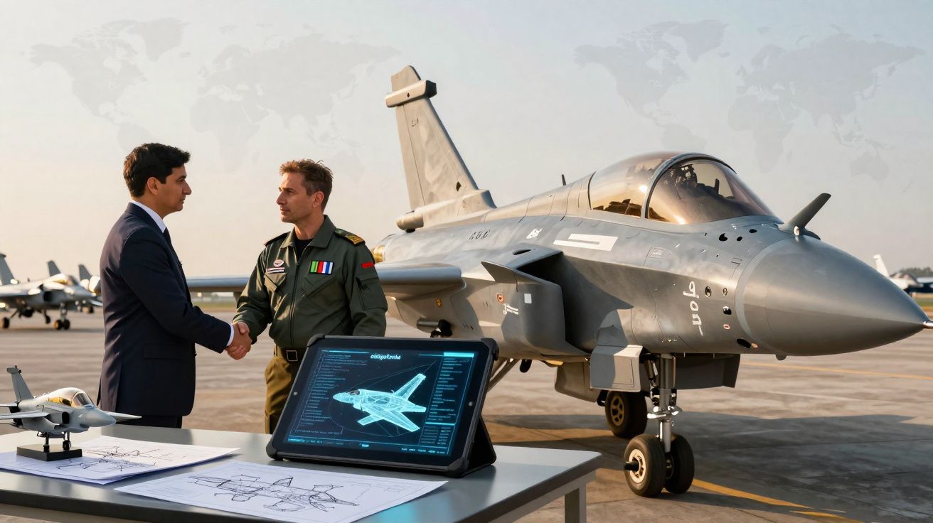 Dois homens cumprimentam-se em frente a um caça militar com modelos e plantas de aeronaves numa mesa.