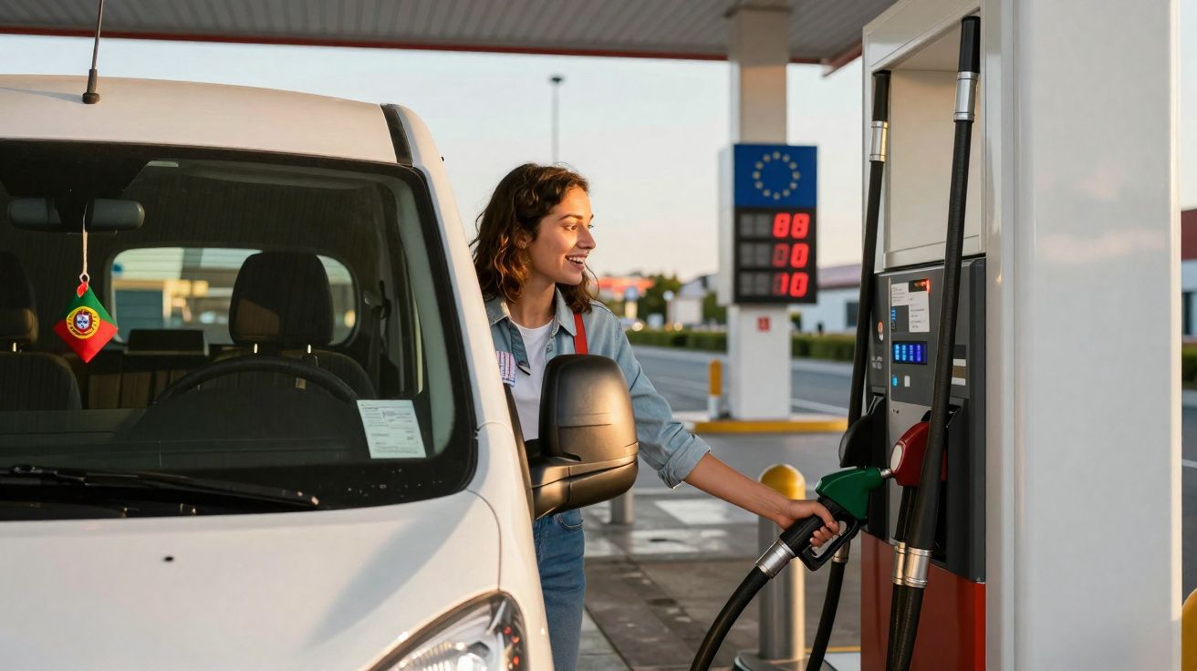 Mulher jovem a abastecer um carro branco numa bomba de combustível ao entardecer.