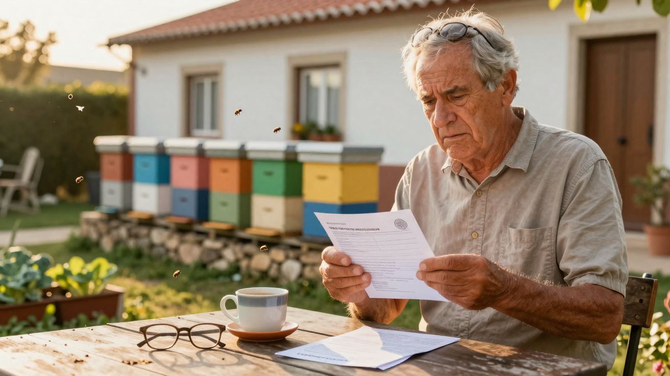 Homem idoso a ler documentos sentado numa mesa de madeira junto a colmeias coloridas num jardim.