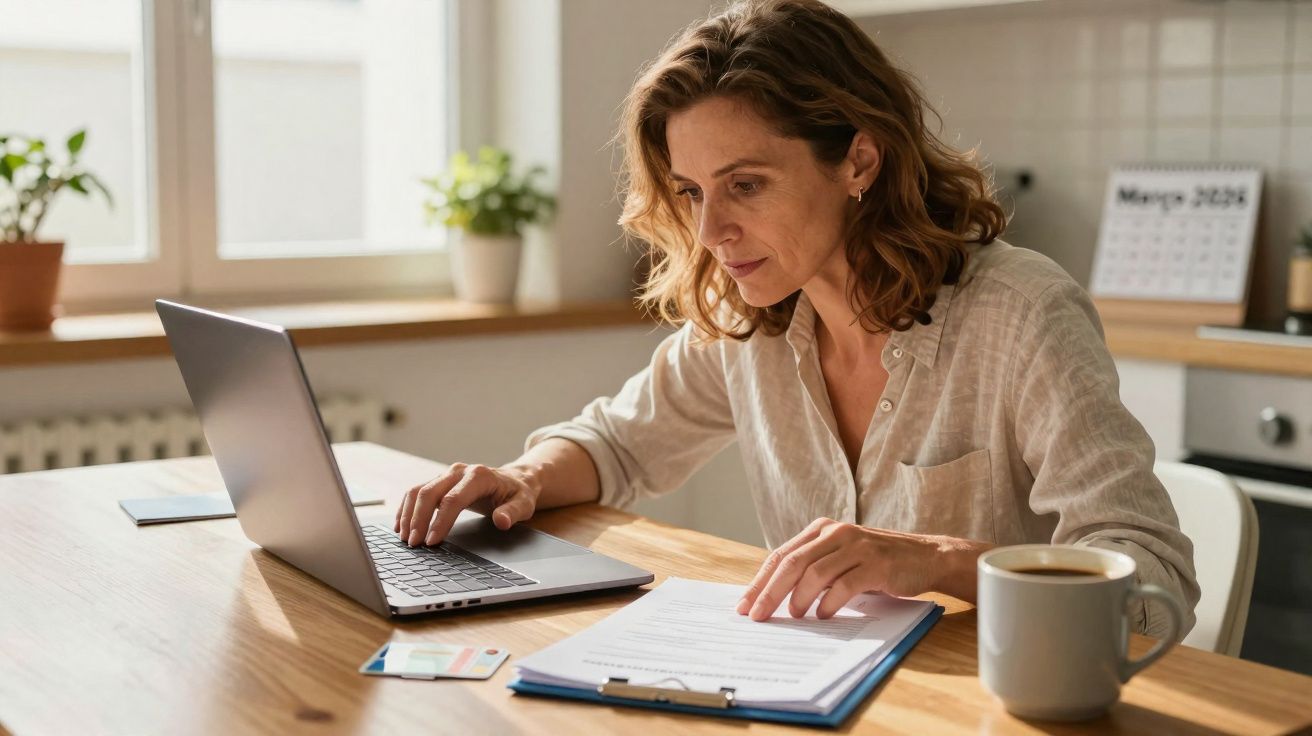 Mulher sentada a trabalhar num portátil, com documentos e chávena numa mesa em ambiente doméstico.