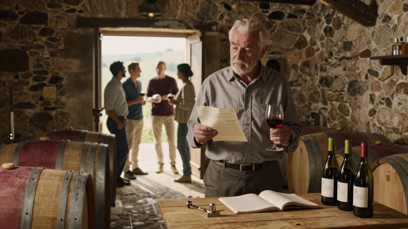 Homem idoso com copo de vinho tinto e documento numa adega de vinho, com barris e três pessoas ao fundo.
