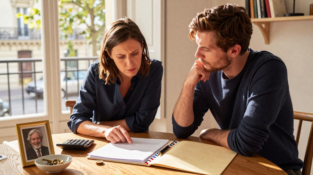 Casal jovem analisa documentos com expressão séria numa mesa de madeira iluminada pela luz natural.