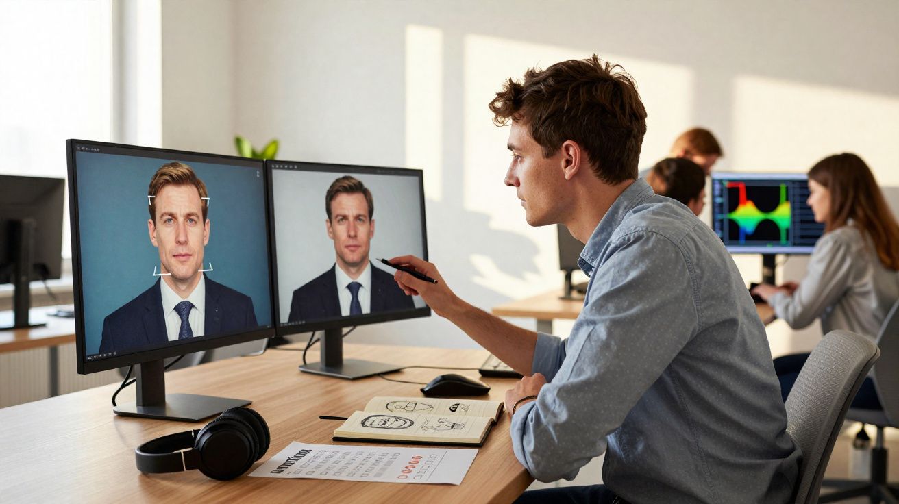 Homem sentado a desenhar rosto masculino em ecrãs de computador num escritório moderno.