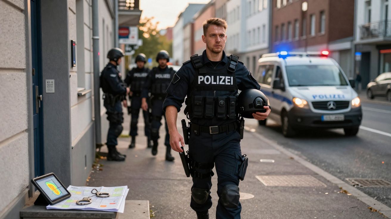 Polícia alemão com equipamento táctico numa rua urbana, viatura policial com luzes ligadas ao fundo.