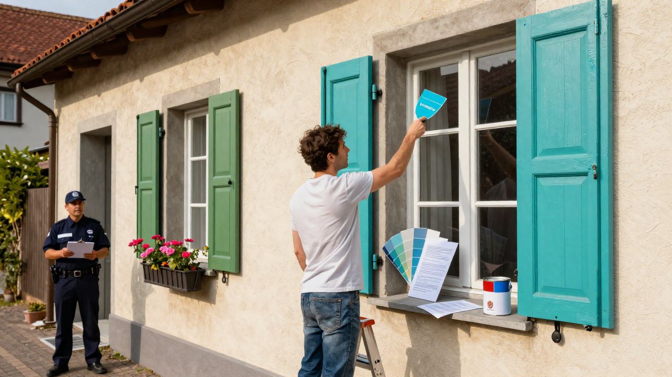 Homem escolhe cor em leque de tintas para pintar janela verde com polícia a observar ao fundo.