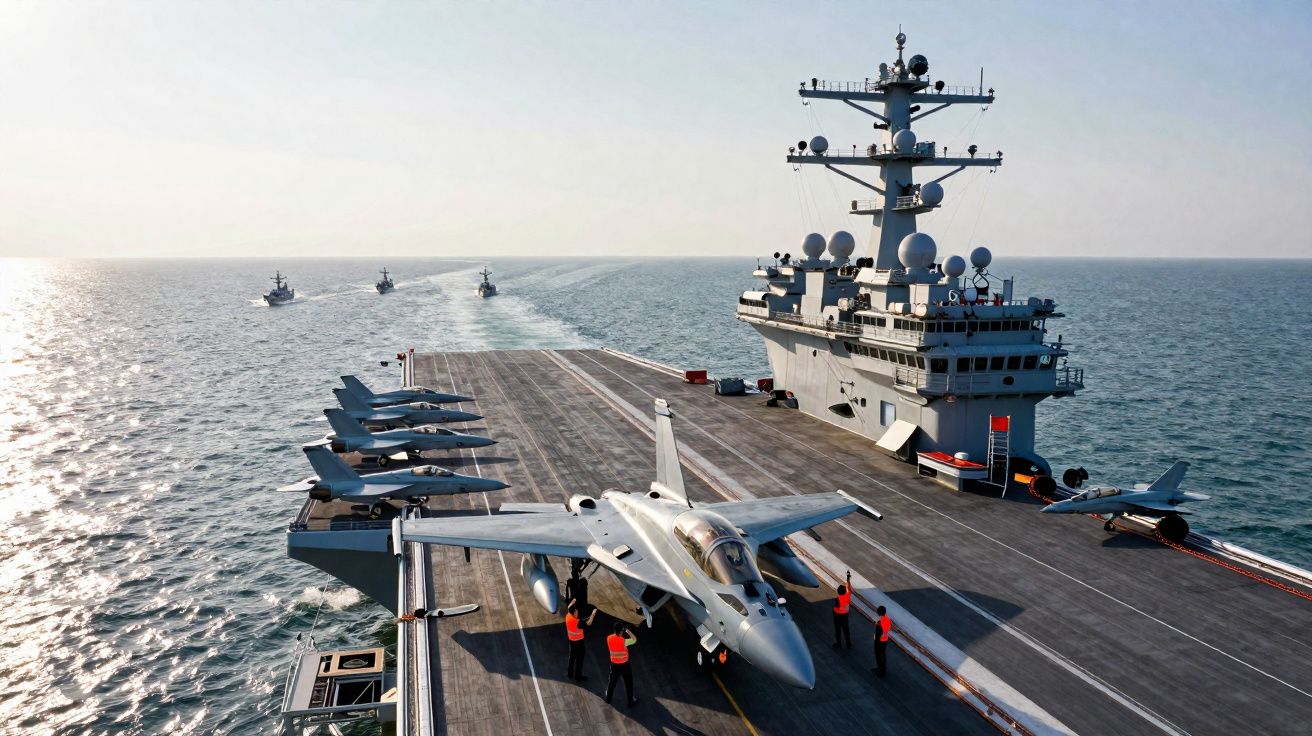 Porta-aviões militar com aviões de combate alinhados na pista e navios a acompanhar ao longe no mar.