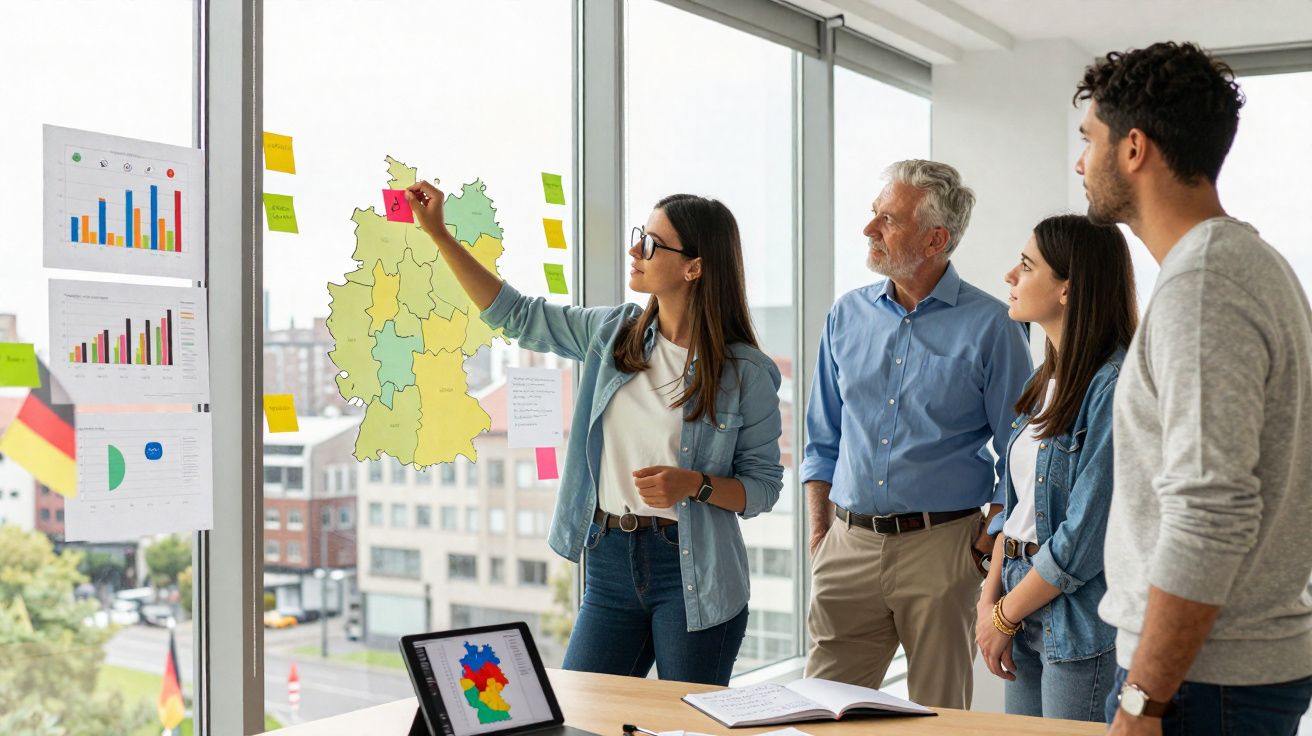 Grupo diversificado a analisar mapas e gráficos numa reunião num escritório com janelas grandes.