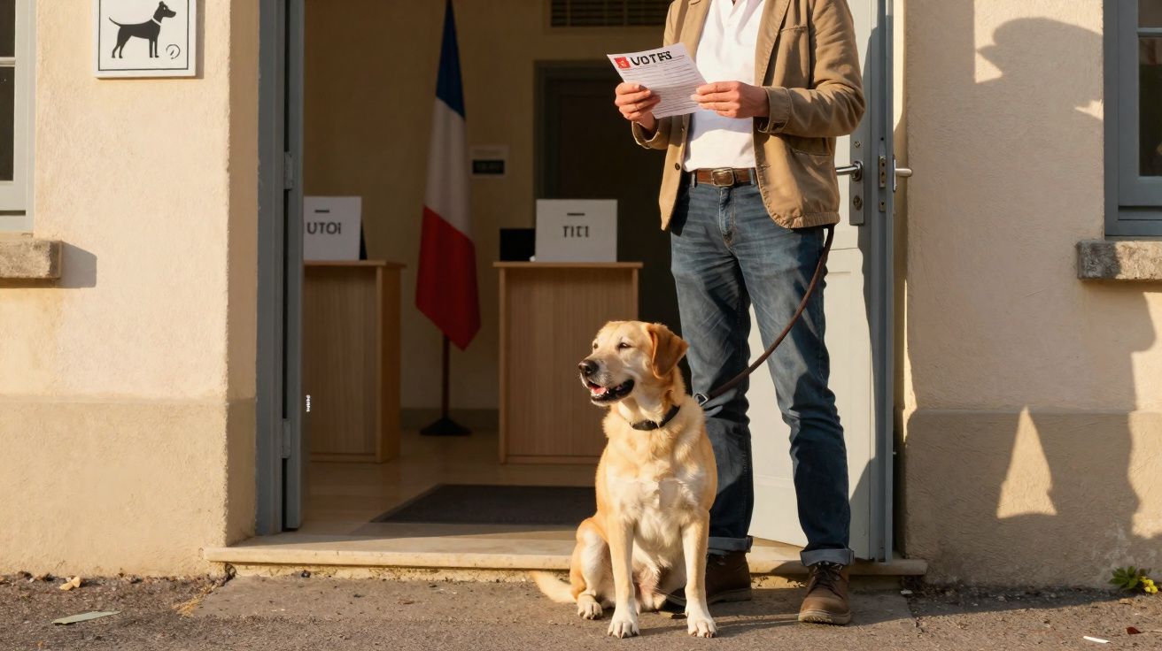Pessoa com cão guia à entrada de local de votação com bandeira francesa ao fundo.
