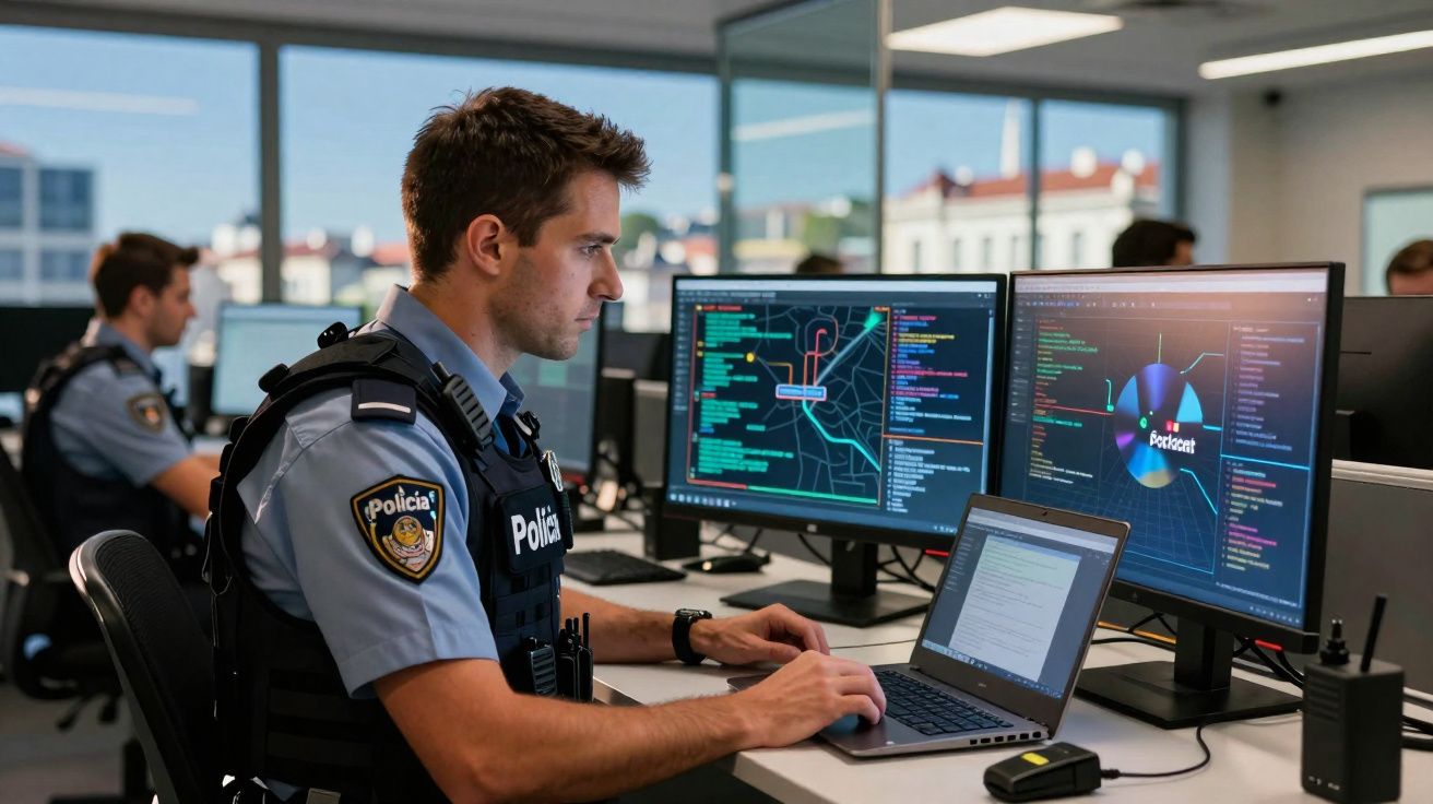 Polícia sentado num escritório a analisar mapas e dados em dois ecrãs de computador e num portátil.