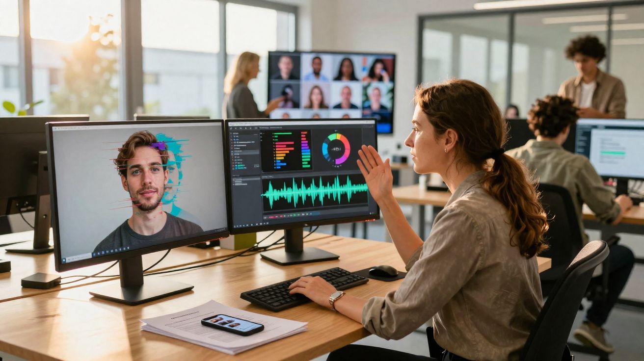Mulher a trabalhar em escritório moderno com dois ecrãs, participando em reunião virtual e colegas ao fundo.