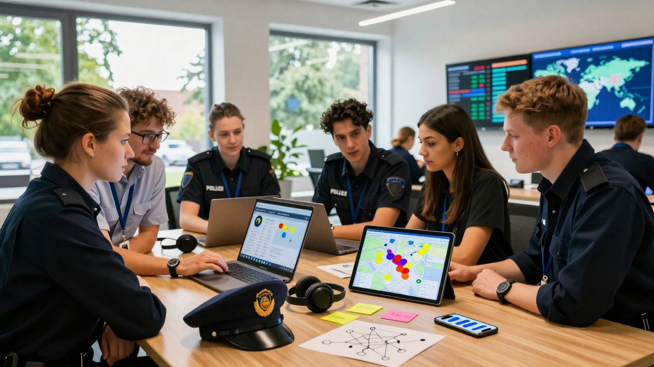 Grupo de jovens polícias a analisar mapas e dados em computadores numa sala de operações moderna.