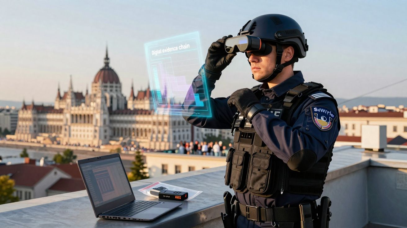 Polícia com equipamento de realidade aumentada numa cobertura, com computador portátil e cidade ao fundo.