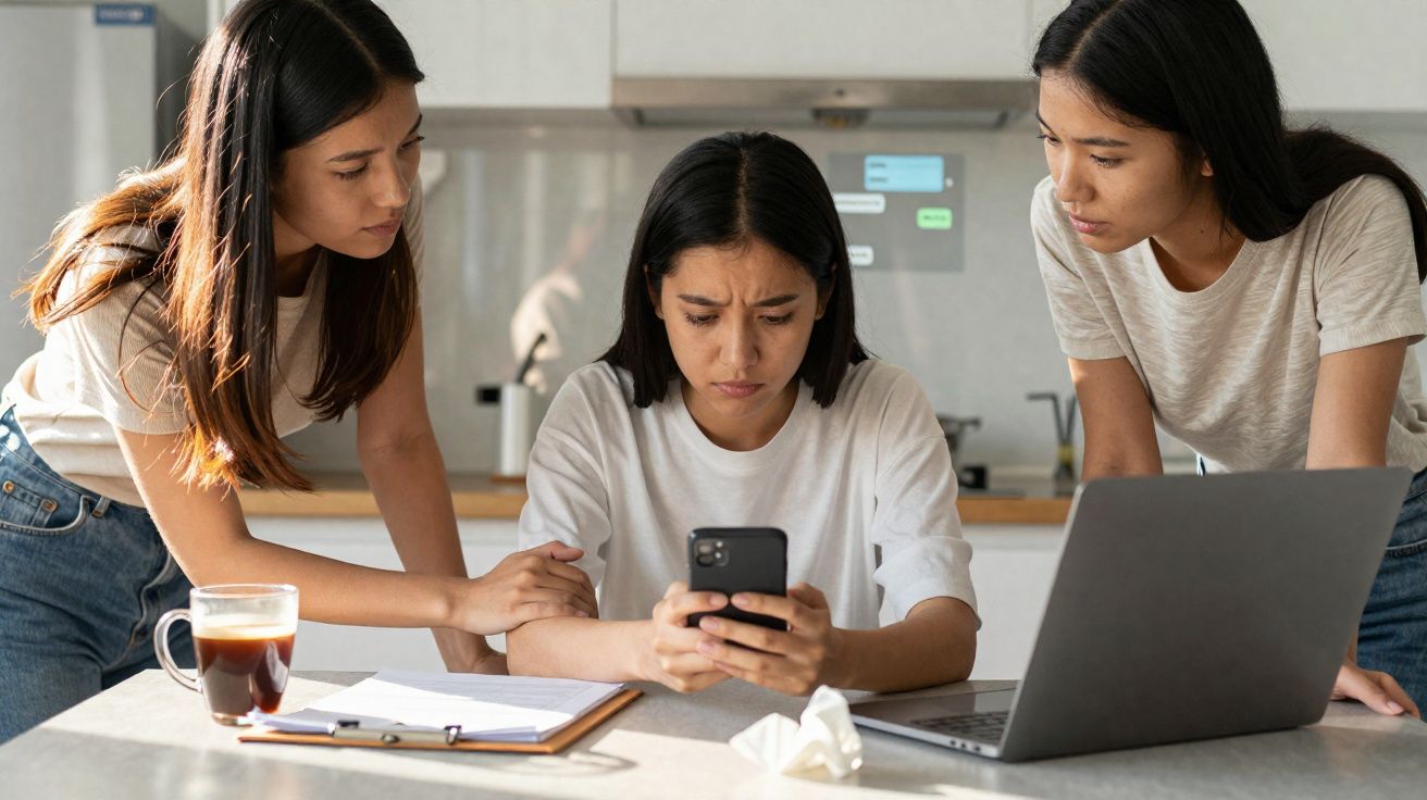 Três mulheres numa cozinha, uma triste a ver o telemóvel, as outras apoiam-na com preocupação.