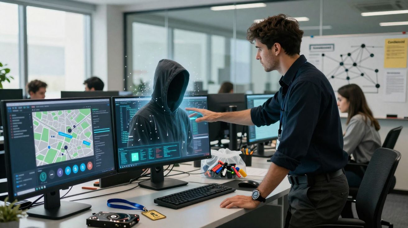 Homem numa sala de escritório interage com imagem digital de hacker encapuzado no ecrã do computador.