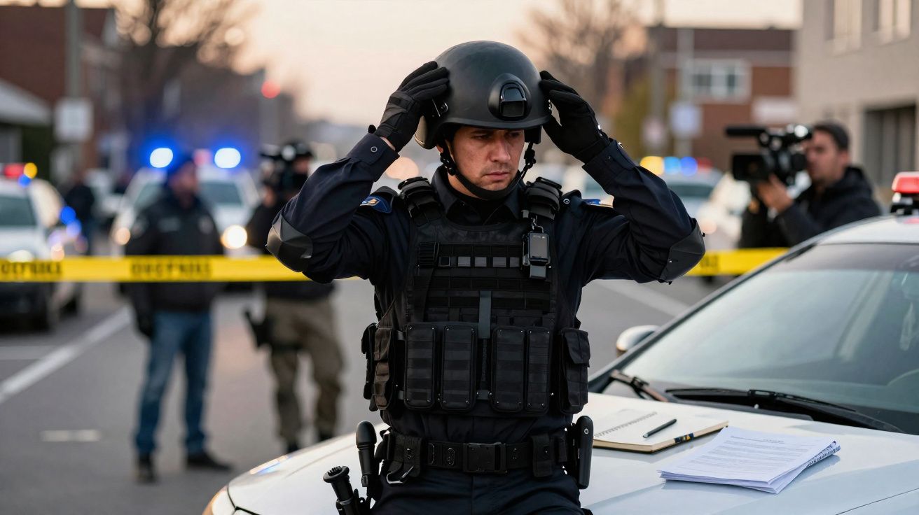 Polícia de operações especiais a ajustar capacete em cena de crime com viaturas e fita policial ao fundo.