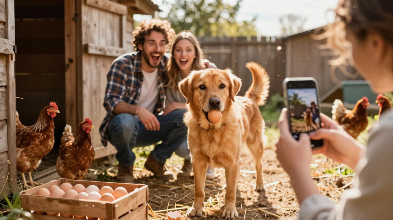 Cão com ovo na boca ao lado de galinhas, casal sorridente ao fundo e pessoa a tirar foto com telemóvel.