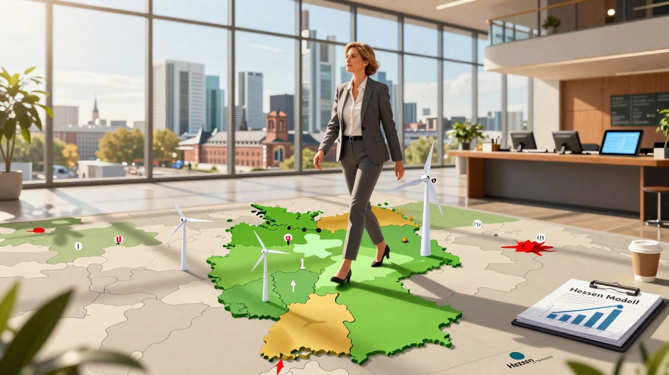 Mulher de negócios num escritório moderno com mapa digital e turbinas eólicas a representar energia sustentável.