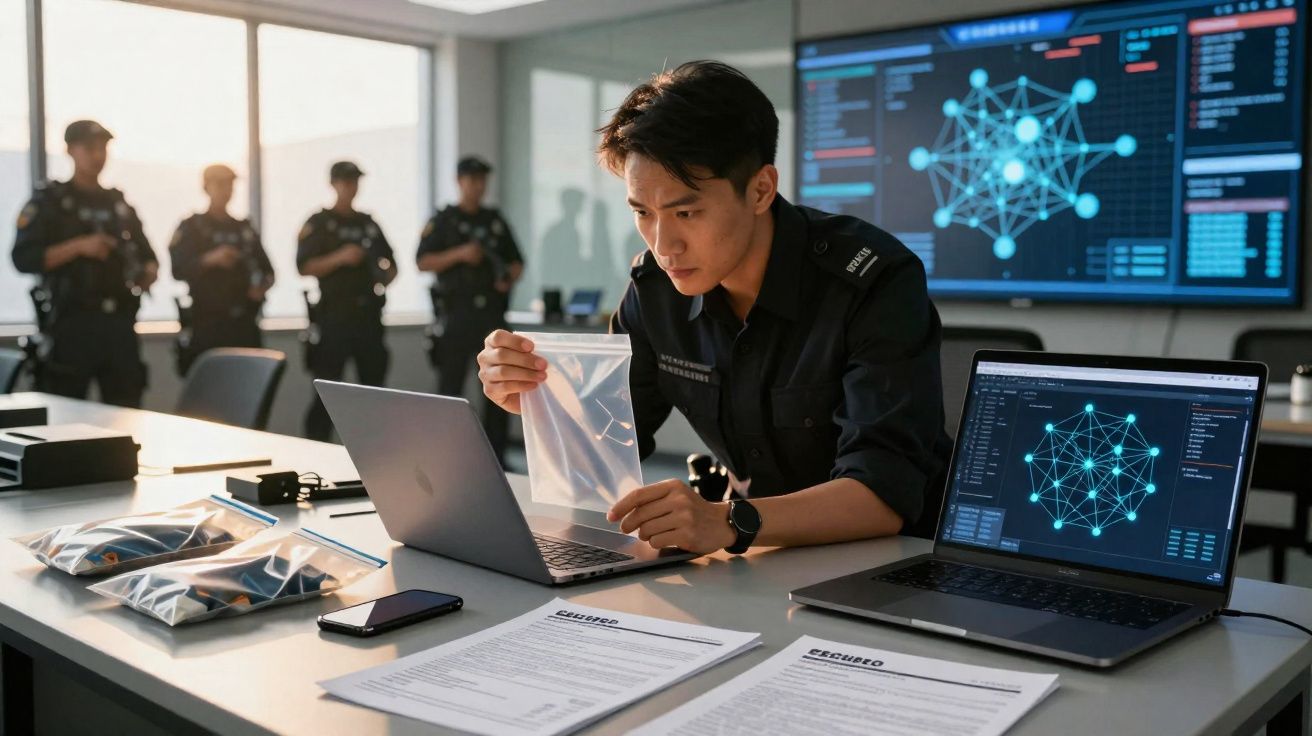 Polícia analisando provas digitais em gabinete com computadores e agentes ao fundo.