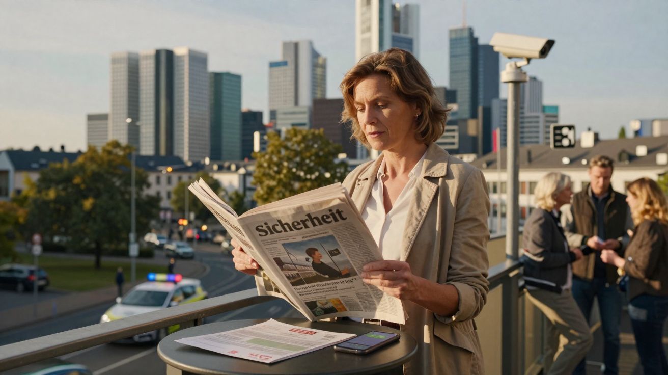 Mulher lê jornal em alemão num terraço urbano com vários prédios altos ao fundo ao entardecer.