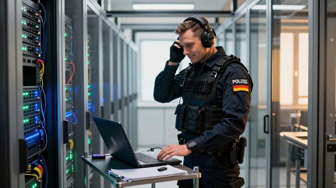 Polícia alemão com equipamento táctico e auscultadores trabalha num computador portátil numa sala de servidores.