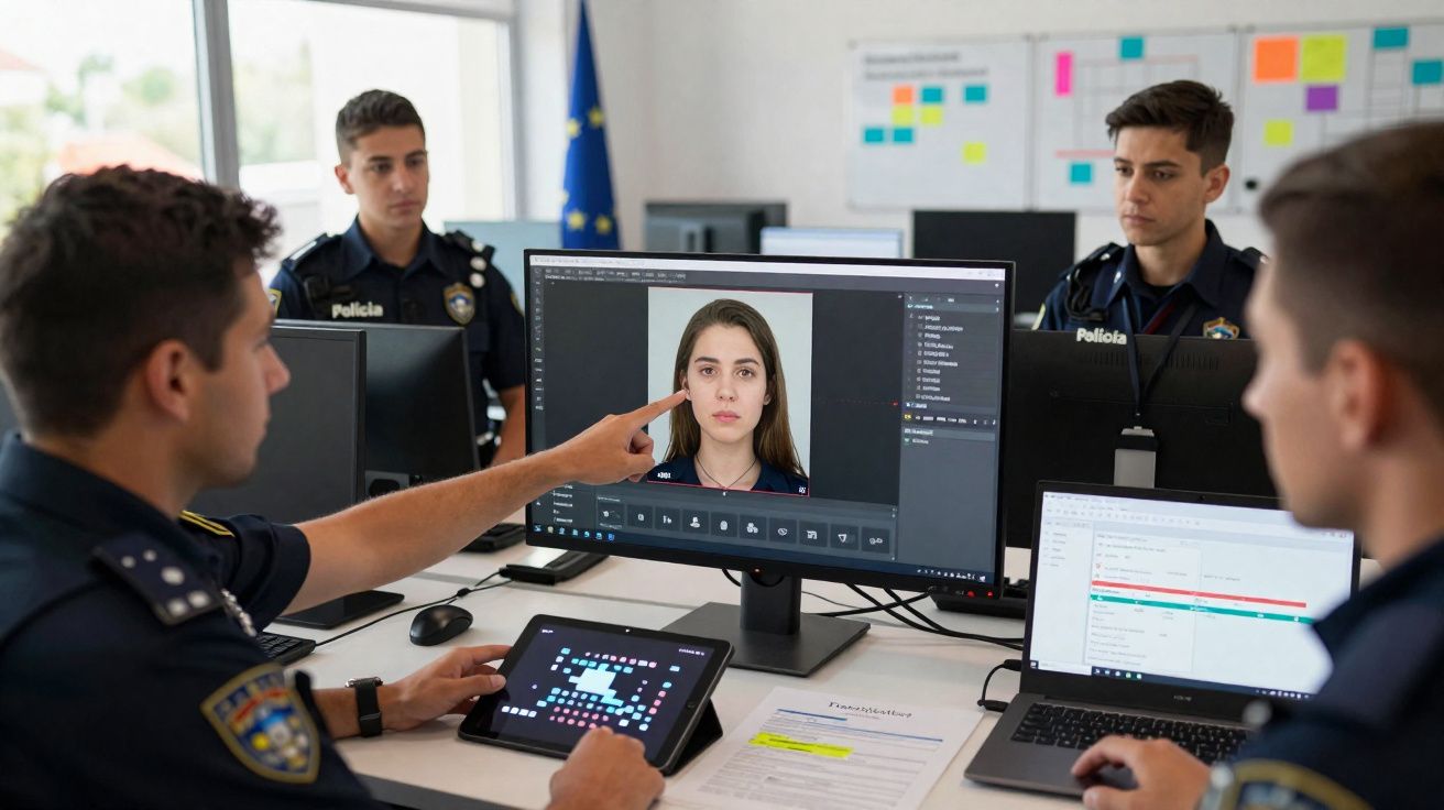 Quatro policias analisam uma imagem facial feminina num computador num escritório moderno.