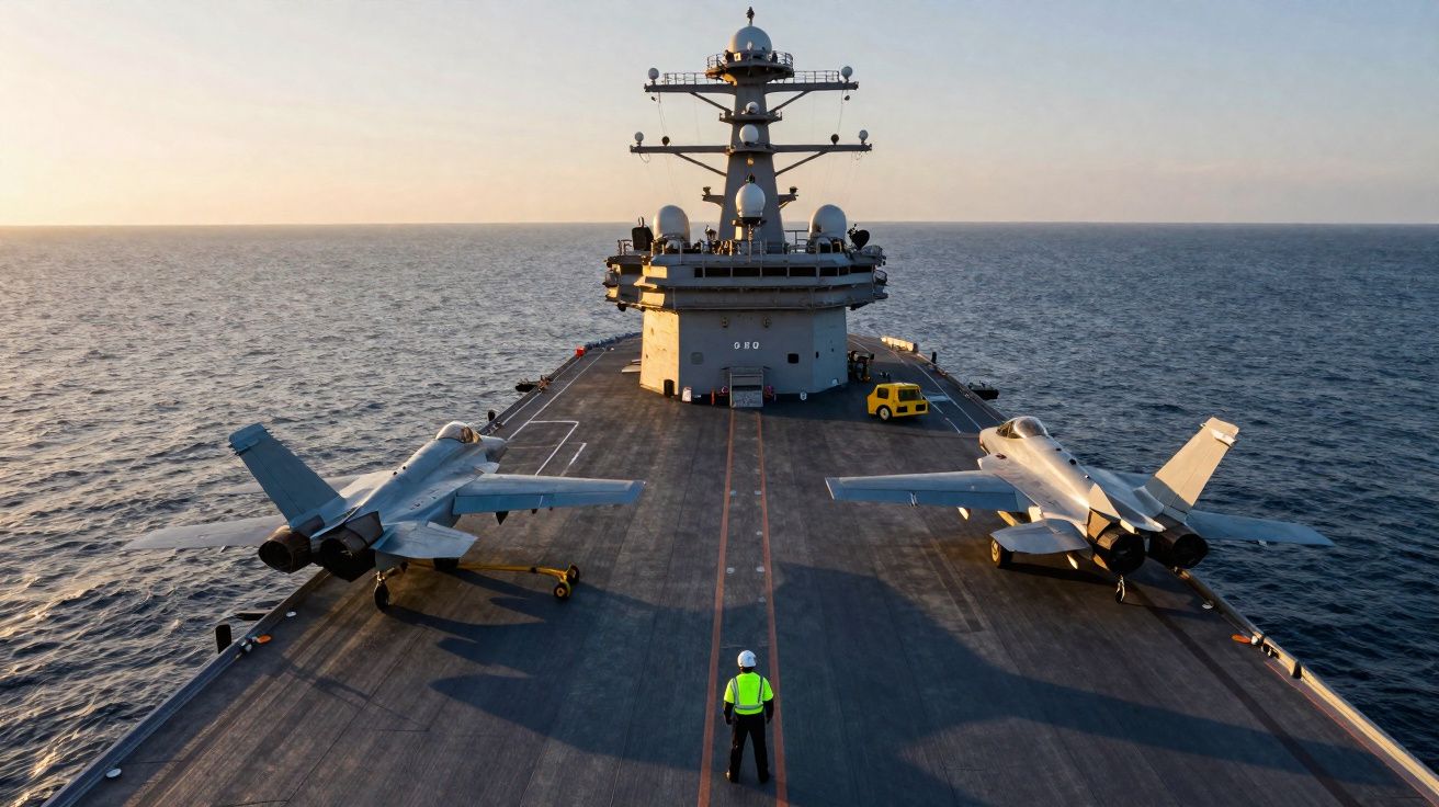 Porta-aviões no mar com dois caças estacionados no convés e pessoa de colete refletor a observar.
