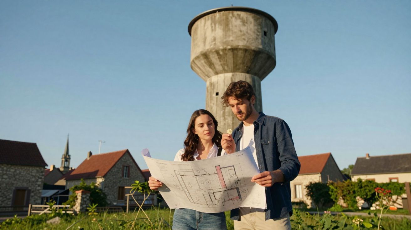 Casal jovem analisa plantas de construção junto a casas e um tanque de água sob céu limpo.