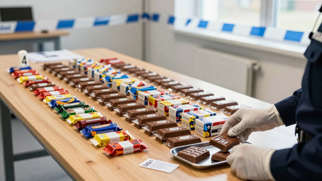 Vários tabletes de chocolate organizados em filas numa mesa de madeira, com pessoa de luvas a manusear.