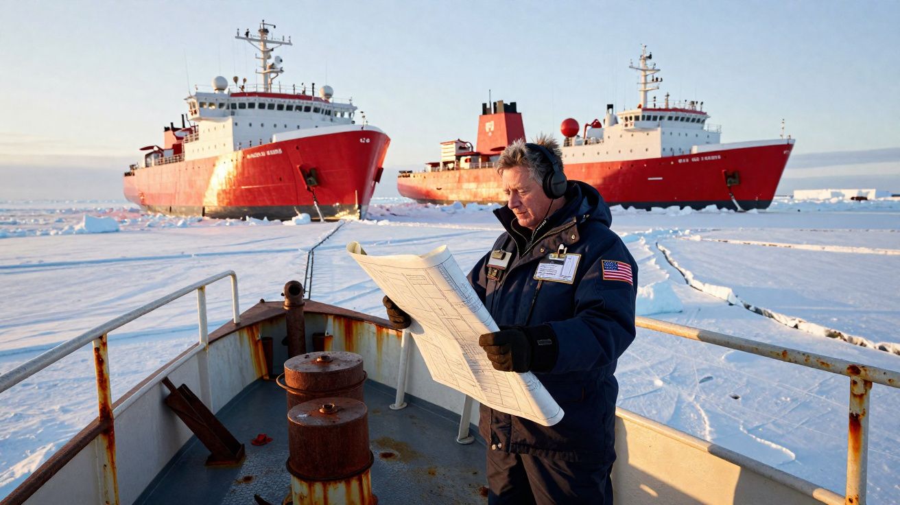 Homem com fato frio a ler mapa no convés de barco, com dois navios de carga vermelhos no gelo ao fundo.
