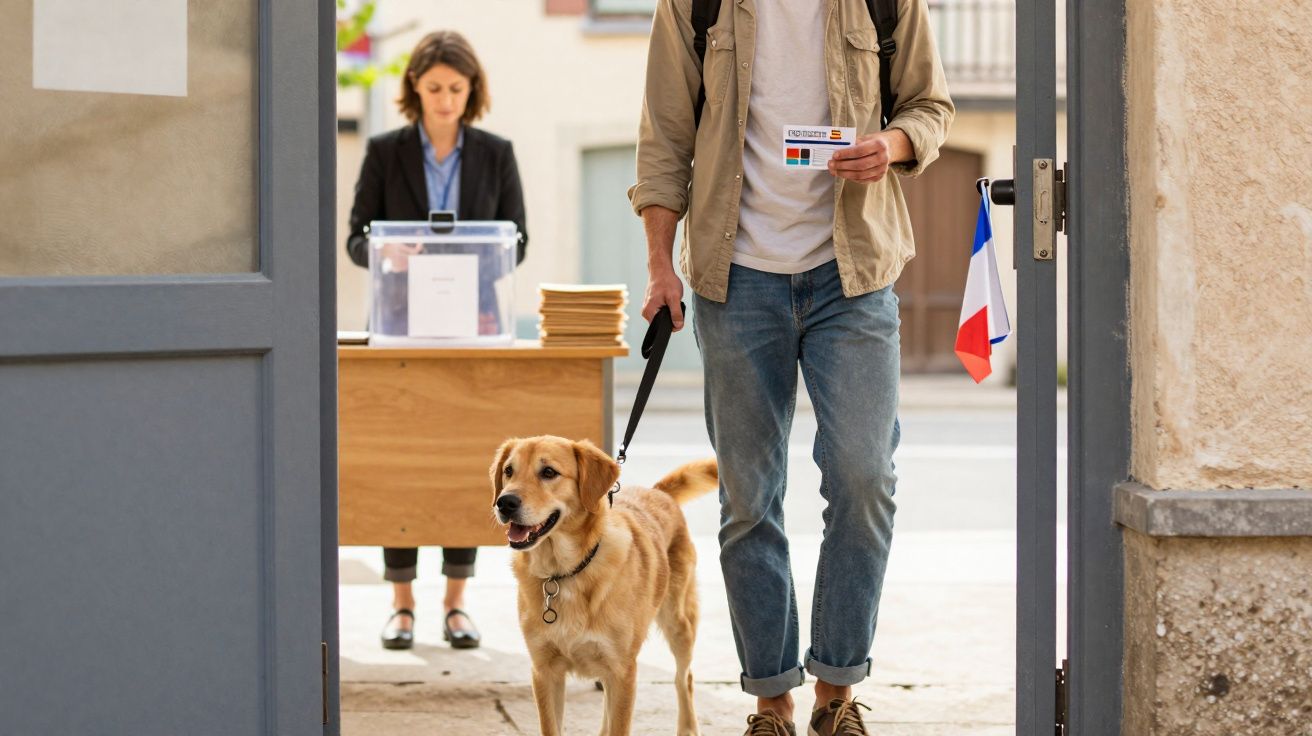 Homem com cão a entrar num local para votar, com urna eleitoral e mulher ao fundo.