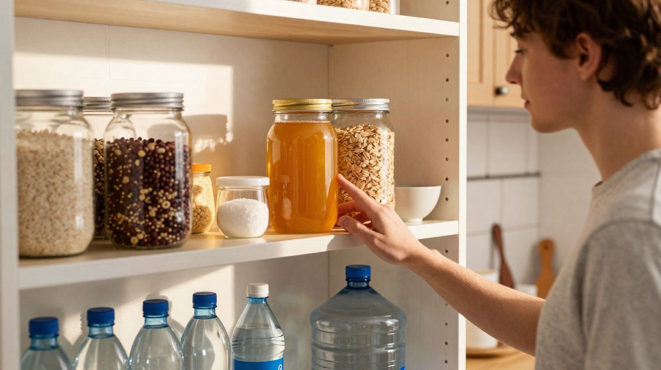 Pessoa a organizar frascos com alimentos e garrafas de água numa despensa doméstica.