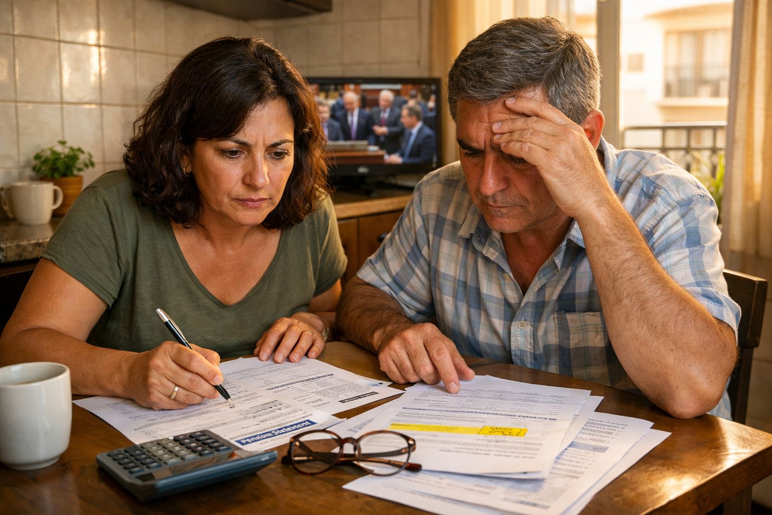 Casal preocupado a analisar contas e documentos financeiros numa mesa em casa, com calculadora e televisão ao fundo.