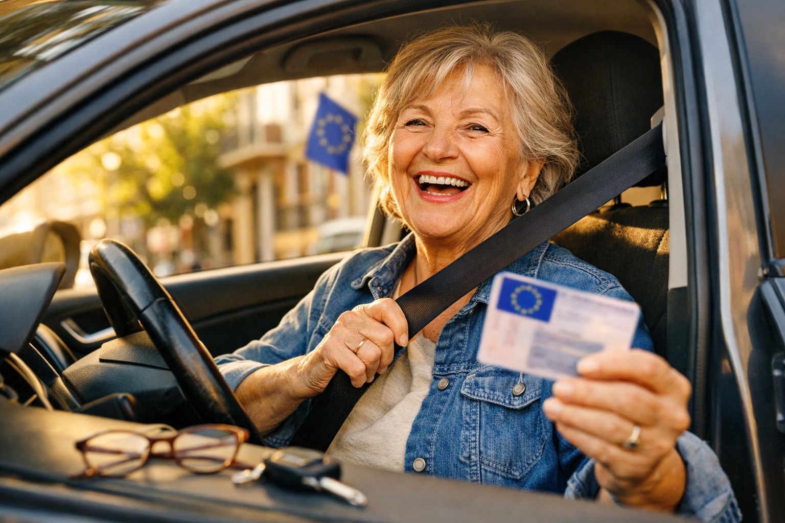 Mulher idosa sorridente no carro a usar cinto de segurança e a mostrar uma carta de condução da União Europeia.